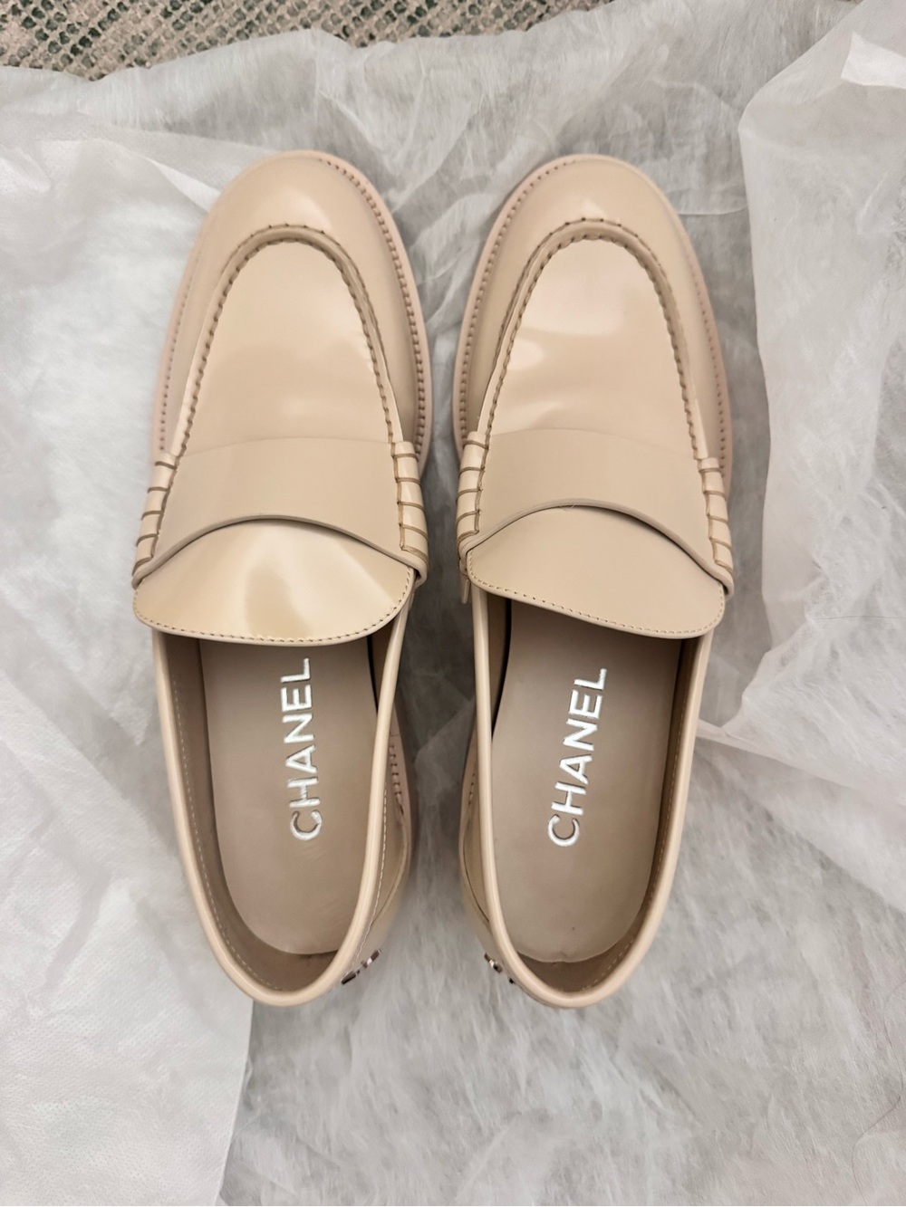 CHANEL Beige Patent Leather Penny Loafers